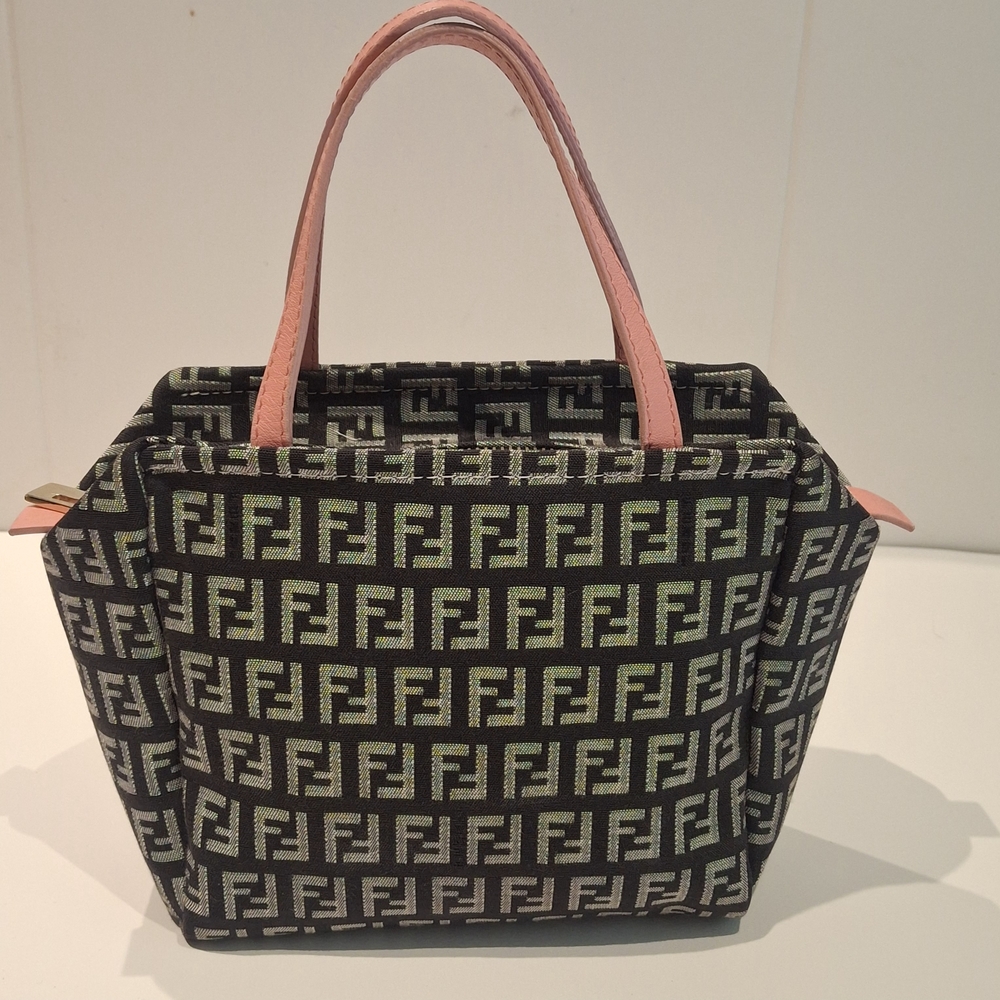 EUC Authentic Fendi Black & White Zucca Print Mini Tote Bag With Pink Handle OS